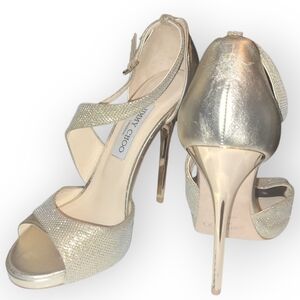 Jimmy Choo Tyne Gold Metallic Lame Glitter Leather High Heel Shoes 39 / 9